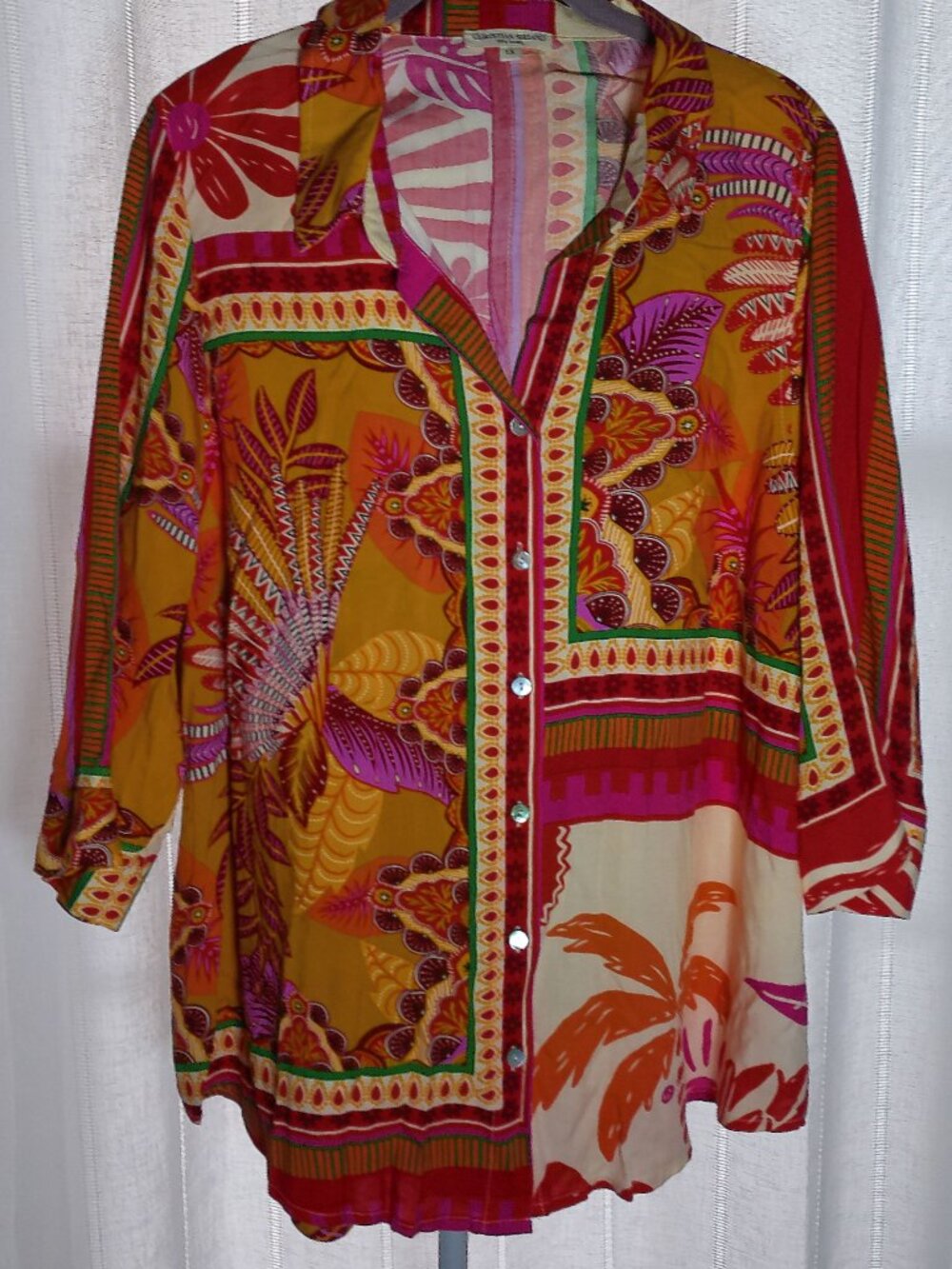 CHRISTIAN SIRIANO NWOT Elbow Sleeve Collared Button-Up Tropical Design Blouse 1X - Picture 1 of 10